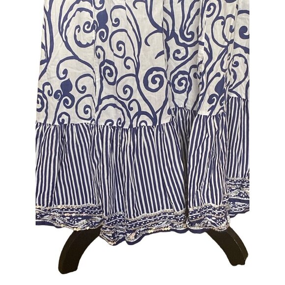 Women's Kalamkari Floral Blue White Striped Shirred Maxi Skirt, Size 14/16, Embe - Picture 3 of 10